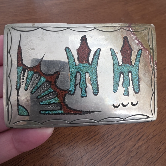 Vintage Silver Navajo Peyote Belt Buckle with Turquoise and Red Design - Picture 2 of 13